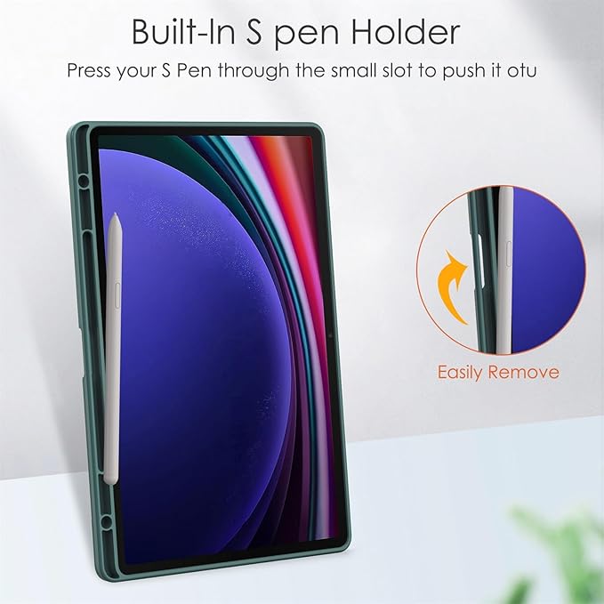 Stand Case for Samsung Galaxy Tab S8 Plus 2022/Tab S7 FE 5G 2021/Tab S7 Plus 2020 (12.4 Inch)UUcovers with Pencil Holder [Auto Sleep/Wake] Clear Transparent Back Shockproof Trifold Cover Dark Green