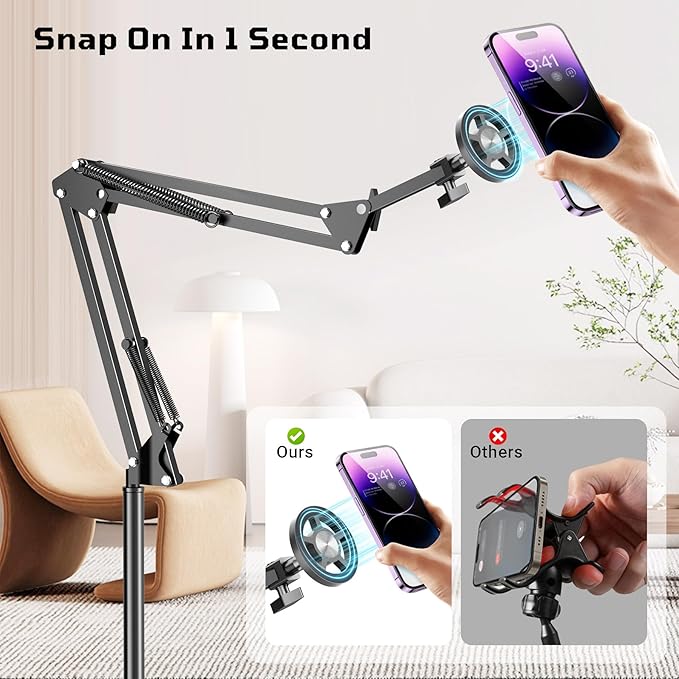Floor Magnetic Phone Holder for Bed Laying Down Adjustable Bedside Phone Stand for iPhone Magsafe Headboard Cell Phone Mount for Reading