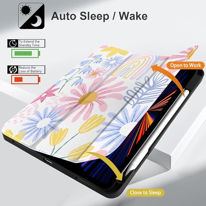DONGKE Case for iPad Pro 12.9 inch 6th Generation 2022 Built-in Pencil Holder + Trifold Stand + Auto Wake/Sleep + Protective Cover for iPad Pro 12.9 5th/4th/3rd Gen - Colorful Florals