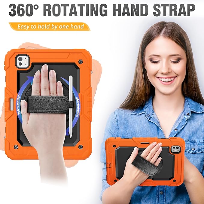 HXCASEAC for iPad Pro 11 Inch Case (M5/M4) 2025/2024 Shockproof Design with Pencil Holder Protector Rotating Stand Hand Strap Heavy Duty Protective iPad Pro11 6th/5th Generation Cover Orange