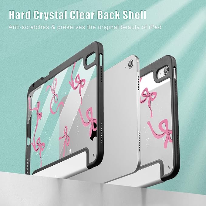 May Chen Case for iPad Air 13 Inch M4 2026 M3 2025 M2 2024 [Built-in Pencil Holder] Shockproof Cover with Clear Transparent Back Shell Auto Sleep/Wake Cover White Bows