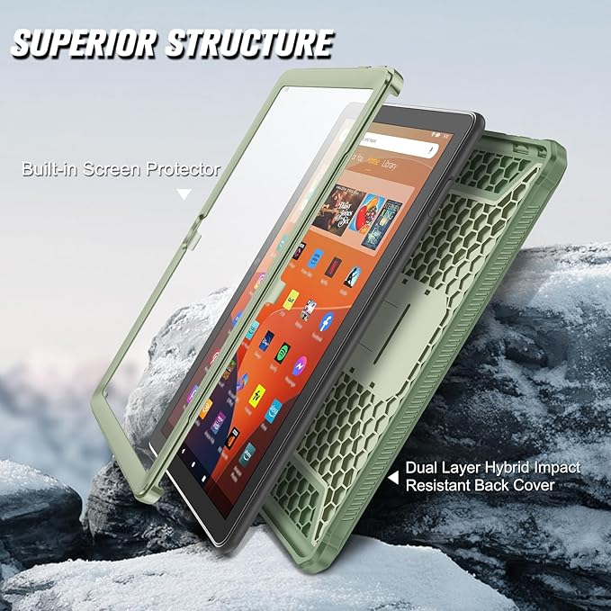 Fintie Shockproof Case for All-New Fire HD 10 Tablet (13th Generation 10.1 2023 Release) [Tuatara] Rugged Unibody Hybrid Bumper Kickstand Cover with Built-in Screen Protector Sage Green