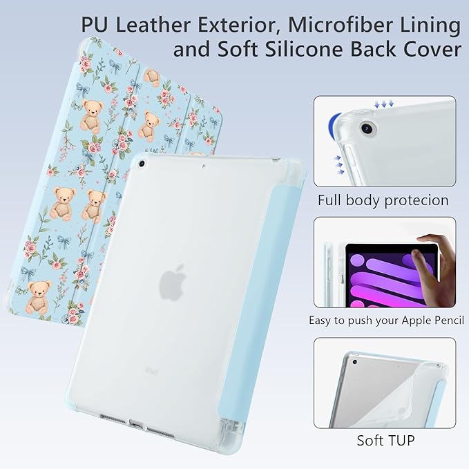 Cute Kawaii Bear Flower Bow for iPad Air 11 Inch Case 7th/6th Generation (M3/M2) 2025/2024 with Pencil Holder Auto Sleep/Wake Blue Leather Soft TPU Back Cover