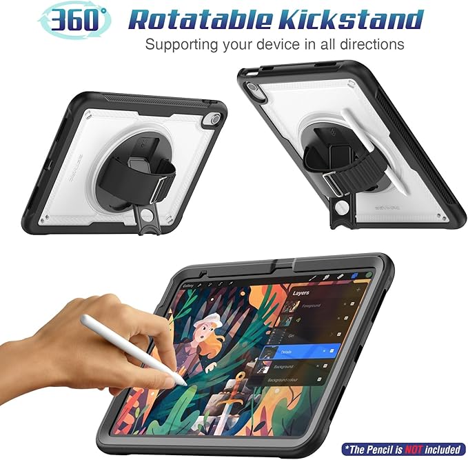 SEYMAC stock Case for iPad A16 11-inch Case 2025/ for iPad 11th/ 10th Generation 10.9'' 2022 Protective with Screen Protector Pen Holder Rotate Stand Loop Nylon Hand Strap Shoulder Strap Clear