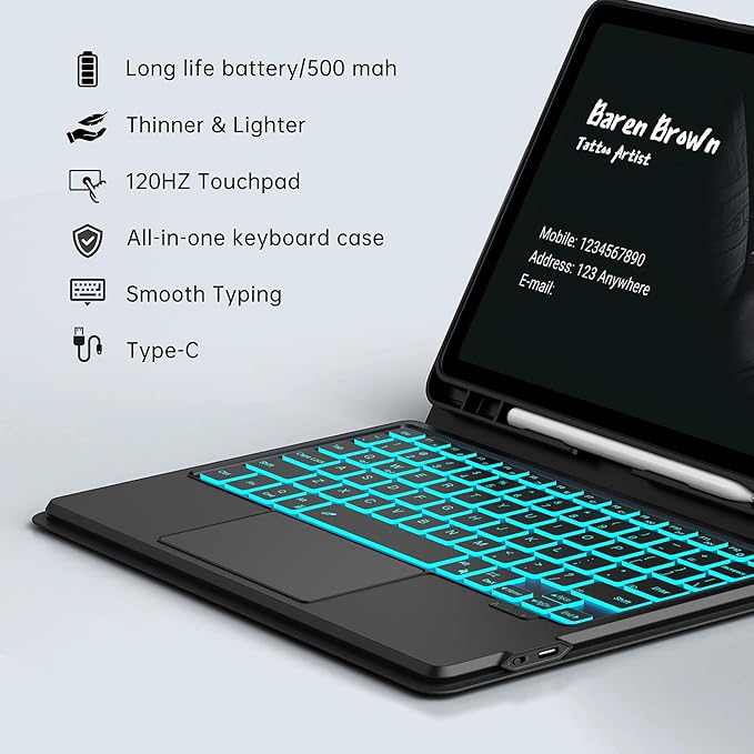 Touch Keyboard Case for Samsung Galaxy Tab S11 11 inch - Folio Combo Wireless Smart Touch Trackpad Keyboard Tablet Cover - 7 Colors Backlit Keyboard with S Pen Holder for Galaxy Tab S11 112025 Black