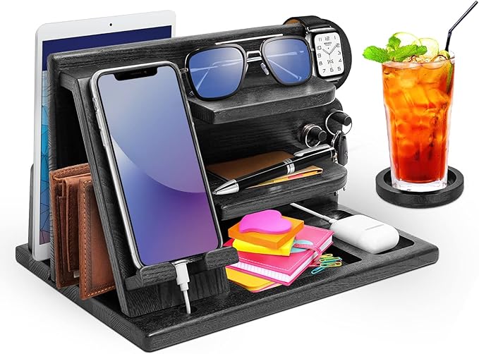 Wood Phone Docking Station - Gifts for Men Desk or Nightstand Organizer - Birthday Gifts for Husband Fathers Day for Dad - Anniversary Idea from Wife - Key Holder Stand Wallet Watch &amp Essential