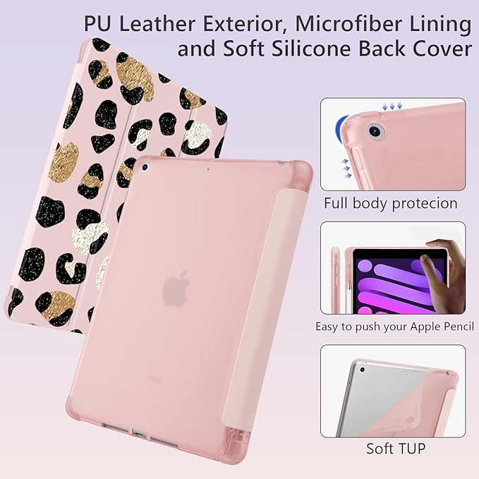 Cute Leopard Print for iPad Pro 13 Inch Case (M5/M4) 2025/2024 with Pencil Holder Auto Sleep/Wake Pink Leather Soft TPU Back Cover