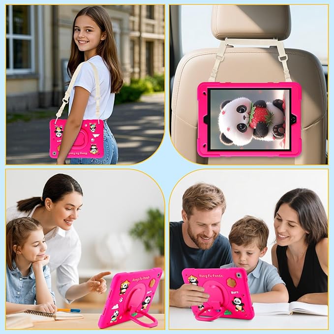 Case for iPad 9th/8th/7th Generation iPad 10.2 Inch 2021/2020/2019 Funny Cartoon Silicone 3D Panda Design Kids Case Heavy Duty Protection with Stand/Pencil Holder/Shoulder Strap (Rose)