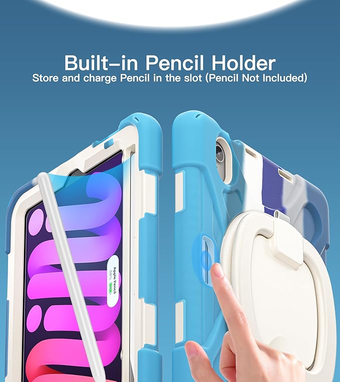 BATYUE Case for iPad Mini 7 A17 Pro 2024/iPad Mini 6 2021 8.3 Inch with Pencil Holder 360 Rotating Stand Shoulder Strap Handle Grip Shockproof Rugged Case for iPad Mini 7th/6th Gen Colourful Blue