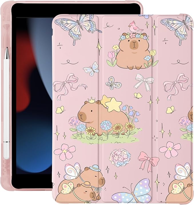 Cute Capybara Butterfly for iPad Air 3 Case with Pencil Holder Auto Sleep/Wake Pink Leather Soft TPU Back Cover for iPad Pro 10.5 Inch 2017