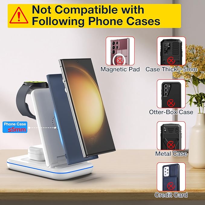 Wireless Charger for Samsung/Android HOLYJOY Foldable 3 in 1 Fast Charging Station/Stand/Multi Charger for Samsung S25 Ultra/S24/Note 20Travel Pad for Galaxy Watch 8/7/6/5/4/Active 2For Buds(Ivory)