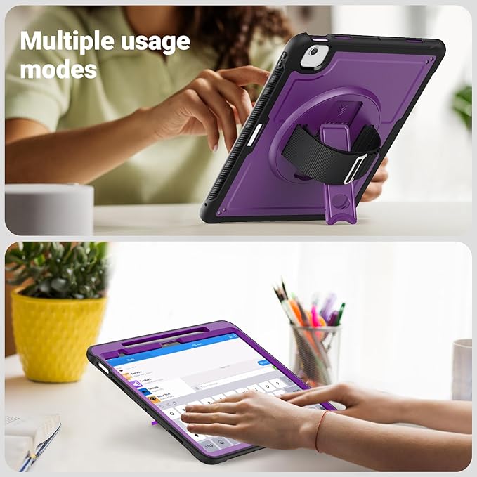 Batianda Case for iPad Air 13-inch 2025 M3 2024 M2 Chip Multilayered Rugged Durable Shockproof Tablet Cover with 360° Rotating Hand Strap Foldable Hidden Stand Purple