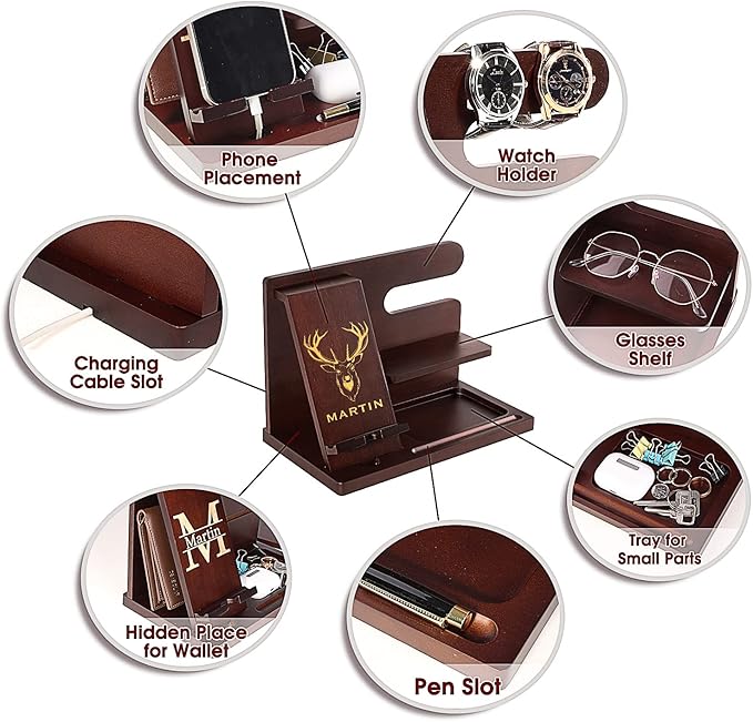 Personalized Gifts Wood Phone Docking Station Nightstand Organizer - Multiple Style Options - Gadgets For Men Husband Boyfriend Dad Son Grandpa Groomsmen - Birthday Anniversary Fathers Day Christmas