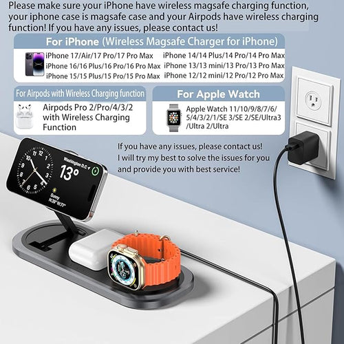 3 in 1 Fast Wireless Charger Stand for iPhone Foldable Travel Charging Station for Magsafe for iPhone 17/Air/16/15/14/13/12 Series Apple Watch Serie AirPods pro/2/3/4 2025 Christ mas Gifts (Black)