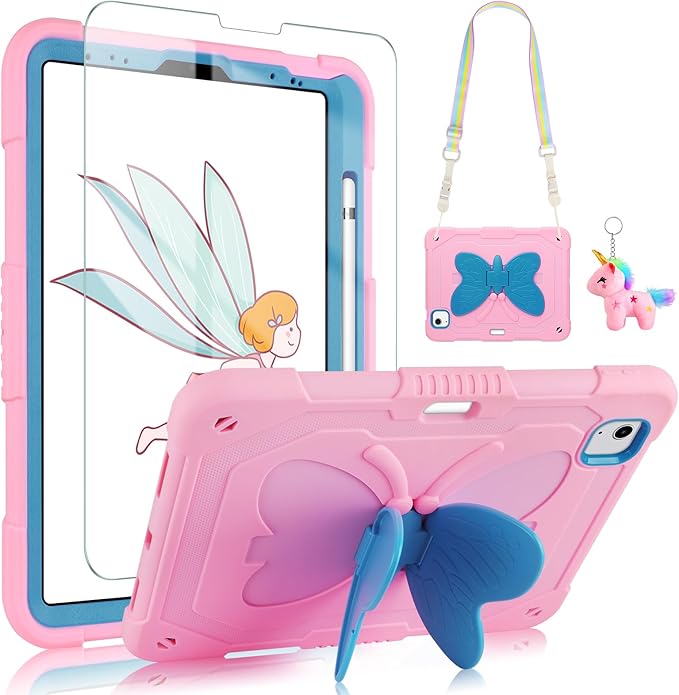 for iPad Air 5th/4th Generation Case with Screen ProtectoriPad Pro 11 Inch Case Butterfly Stand Strap Cute Dolls Pencil Holder Kids Hard Cover for iPad Air 4th 5th 10.9/iPad Pro 11 2022-Pink Blue