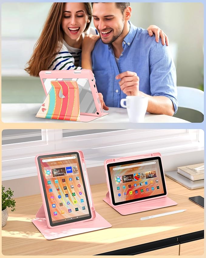 Kidcube for Kindle Fire HD 10/10 Plus Tablet Case - 13th/11th Generation (2023/2021) 10.1 Women Girls Cute Rainbow Pretty Design Rotating Stand Pencil Holder Folio Cases for Amazon Fire HD 10/10 Plus