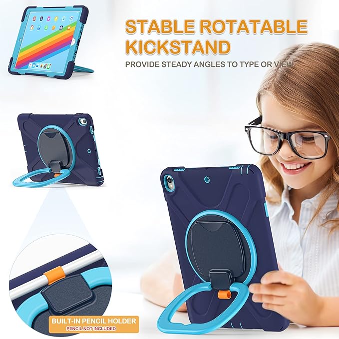 BRAECN Case for iPad Air 3rd Gen 10.5 Inch 2019 w/Pencil Holder Carrying Shoulder Strap Handle Grip Kickstand Heavy Duty Drop-Proof Protective Silicone Case for iPad Pro 10.5’’ 2017-Navy Blue