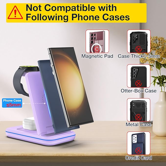 Multi Charger for Samsung Foldable Charger ONLY for Galaxy Watch Ultra/7/6/5/4/3/Active 2 Travel 3 in 1 Fast Charging Station/Dock for Samsung S24/S23/S22/S21/S20/Note 20 for Buds 3/2 Pro(Violet)