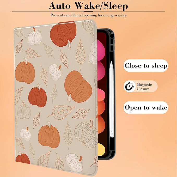 MAYCARI Fall Brown Leaves Pumpkins iPad Case for iPad Pro (M4) 2024 13 Inch with Pencil Holder Handmade iPad Pro 5th Generation Case Autumn Fine Grained iPad Protecitve Hard Case with Auto Wake/Sleep