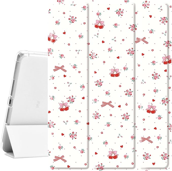 Idocolors Cute Kawaii Floral Bow Cherry Pad Case for 13 Inch iPad Air(2024) Clear TPU Smart Stand Back Cover with Pencil Holder Auto Wake/Sleep Foldable Shockproof Protective Case for Women Girls