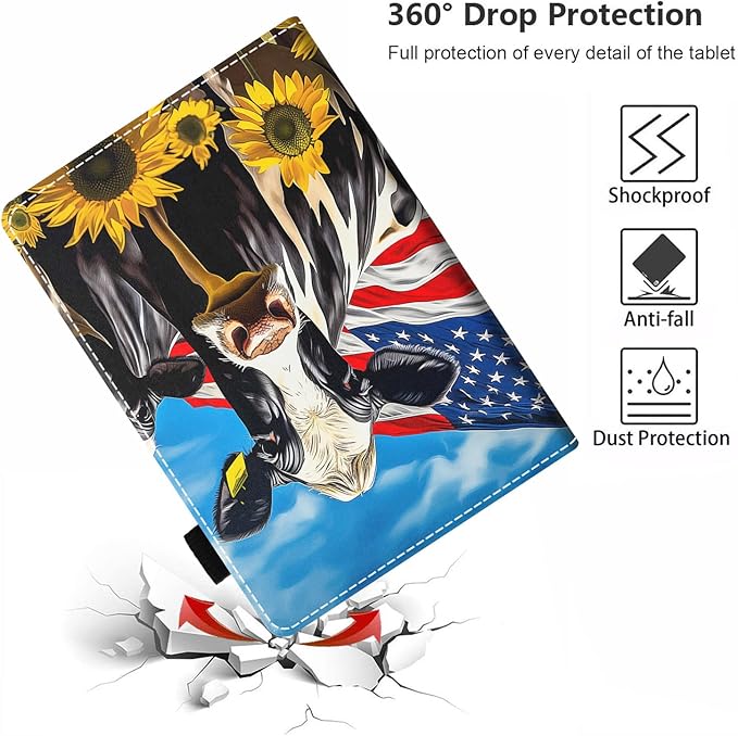 Case for All-New Amazon Fire HD 10 &amp 10 Plus Tablet 10.1 (13th/11th Generation 2023/2021 Release) Slim PU Leather Stand Cover with Card Slot &amp Auto Wake/Sleep American Flag Cow and Sunflow