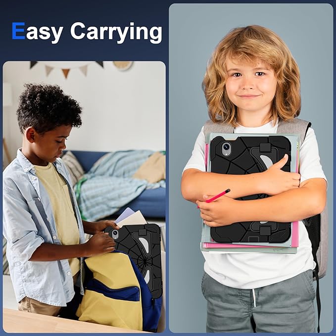 Kids Case for iPad mini 7 A17 Pro 2024/ Mini 6 8.3 inch Spider Case for iPad mini 7th 6th Generation Shockproof Durable Full Protective Cover with Pencil Holder Kickstand (Black+Black)