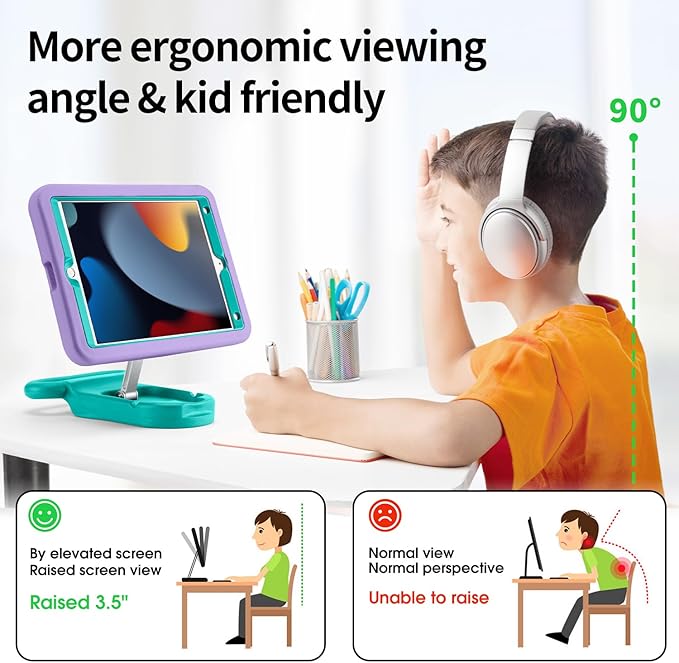 Kids Case for iPad 9th Gen 2021/ iPad 8th Gen 2020/ iPad 7th Gen 2019 Adjustable Portrait/Landscape Stand Drop Proof with HandleChild Friendly Cover for iPad 10.2 Inch (PurpleGreen)