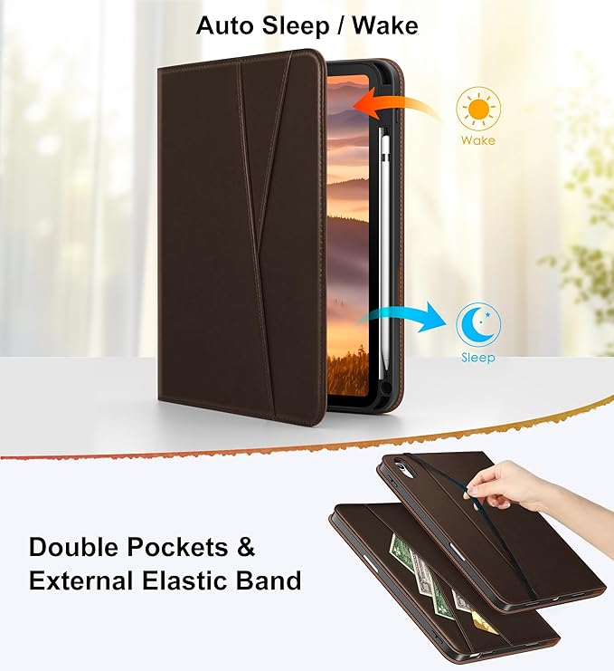 DTTO for iPad A16 Case iPad 11th / 10th Generation Case (2025/2022) 360 Degree Rotating Premium Leather Folio Stand Cover with Pencil Holder Dark Brown