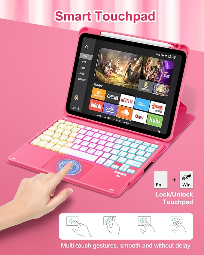 Touchpad Keyboard Case for iPad (A16) 11th 10th Generation 360 Rotation Cover with Pencil Holder Wireless Backlit Detachable Keypad for iPad 11 inch 2025/10 Gen 10.9 2022 Watermelon Red