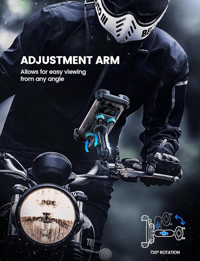 Lamicall Motorcycle Phone Mount Holder - [Dual Vibration Dampener] [Metal Adjustment Arm] Motorcycle Cell Phone Holder Bike Handlebar Phone Mount for iPhone 16 15 14 Pro Max 4.7-6.7 Phones Blue