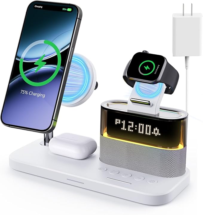 Charging Station with ClockMagnetic Wireless Charger for iPhone17 16 15 14 13 Pro Max Airpods Apple Watch Samsung PhoneBedside Docking Station with LightTech Gadgets Gifts for Men Women