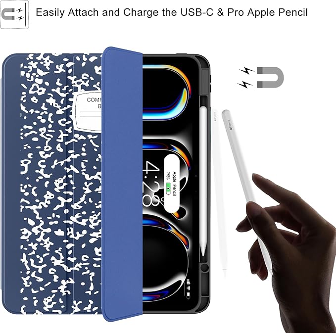 Soke Case for New iPad Pro 13 Inch (M5/M4 2025/2024 Release) with Pencil Holder Trifold Stand Shockproof [Support Apple Pencil Charging + Auto Wake/Sleep] Soft TPU Back Cover Book Navy