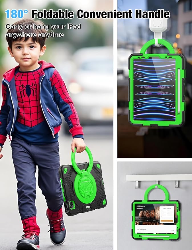 SCSVPN Kids Case for iPad Air 5th/4th Generation 10.9-inch 2022/2020 iPad Pro 11'' 4th/3rd/2nd/1st Gen 2022 2021 2020 2018 Protection Case with Pen Holder Stand Handle Shoulder Strap Black Green
