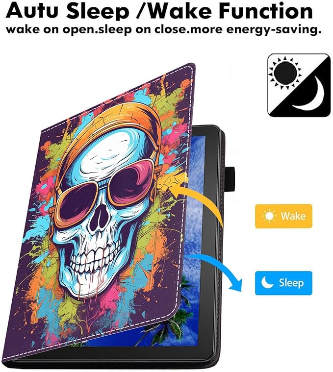 Case for Amazon Kindle Fire 7 Tablet (7 9th/7th Generation 2019/2017 Release) Slim PU Leather Cover with Card Slot &amp Auto Wake/Sleep Watercolor Art Skull