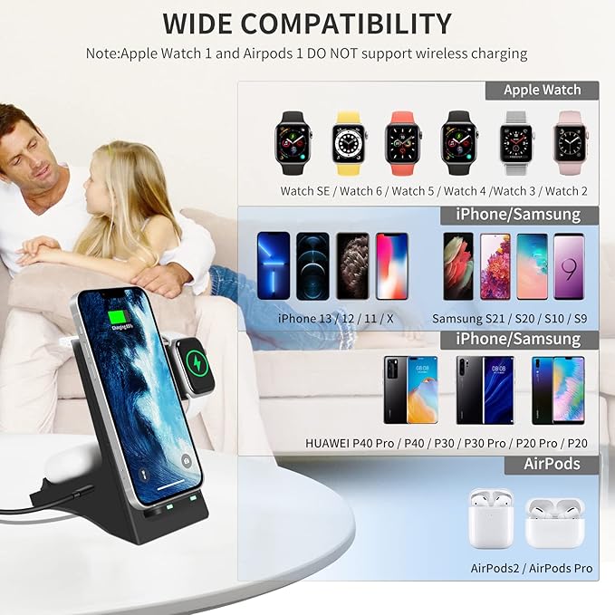 Wireless Charger 3 in 1 Wireless Fast Charging Stand Dock for Apple Watch 6/5/4/3/2 Airpods 2/Pro iPhone 13/13 Pro/13 Pro Max /12/11/Pro/Pro Max/X/Xr and Other Qi-Certified Phones-Black