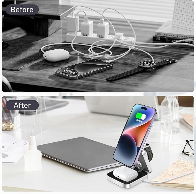 Wireless 3 in 1 Magnetic Charging Station Portable Foldable Fast Charge Travel | Black and Silver Mobile Phone Holder | with Extra Magnetic Ring | New Anti-Slip Earbud Base Charger