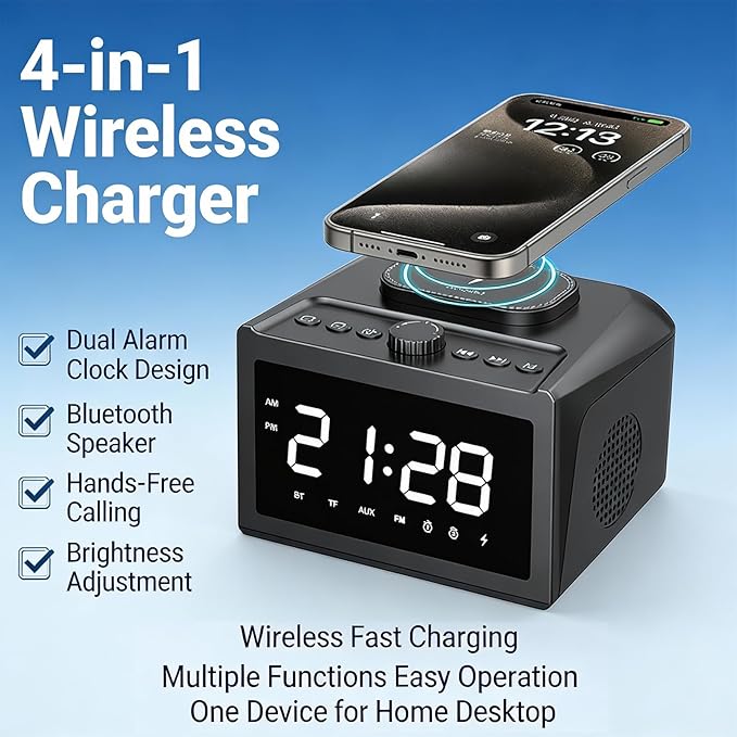 Multifunctional Wireless Charger Wireless Charging Station with Time and Alarm Clock Charging Dock with Bluetooth Speaker 15W Wireless Fast Charging All-in-One Charging BaseS31 Black.