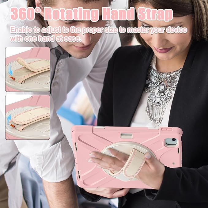 for iPad Air 13-inch M2 (2024) A2898/A2899 for iPad Pro 12.9 Rugged Case Portable Heavy Duty Shock-Proof Armor Cover with Swivel Kickstand/Hand Grip Shoulder Strap Pencil Holder (Pink)
