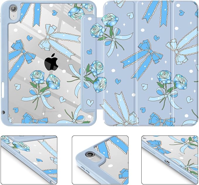 Tuiklol Case for iPad 11 inch (A16 Chip) 2025 Gen 11th / iPad 10.9 inch 2022 10th Gen Buit in Pencil Holder with Shockproof Cover Clear Transparent Back Shell Auto Wake/SleepBow &amp Rose Blue