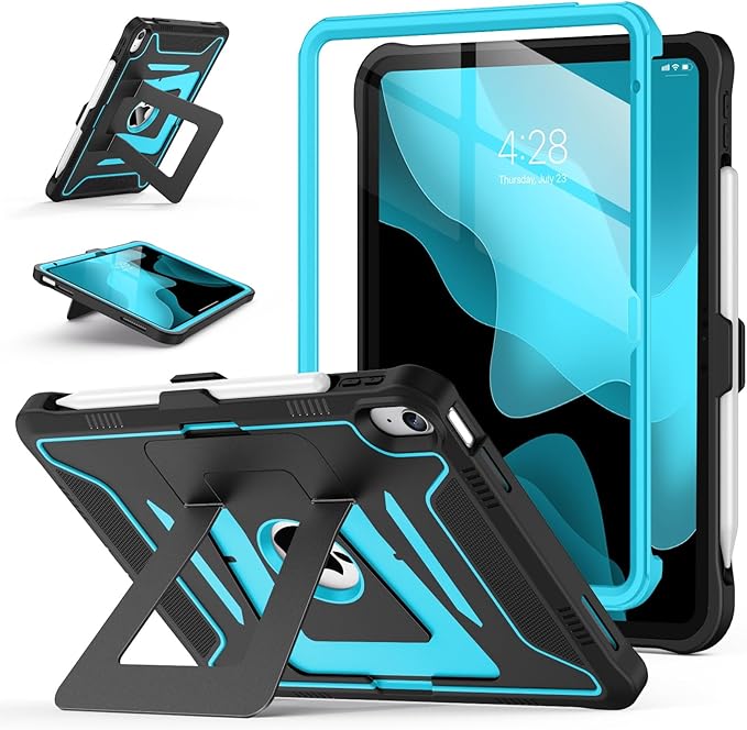Soke Case for iPad (A16) 11th Generation 11-Inch 2025 /10th Generation 10.9-Inch 2022 with Screen Protector and Multi-Angle Kickstand Rugged Full Body Heavy Duty Protective Cover - Black CyanBlue