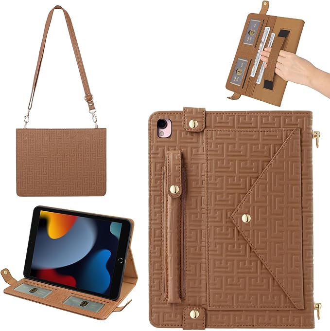 Elegant Crossbody Folio Stand Wallet Case w/Pencil Holder Card Slots Hand Strap Shoulder Strap Brown