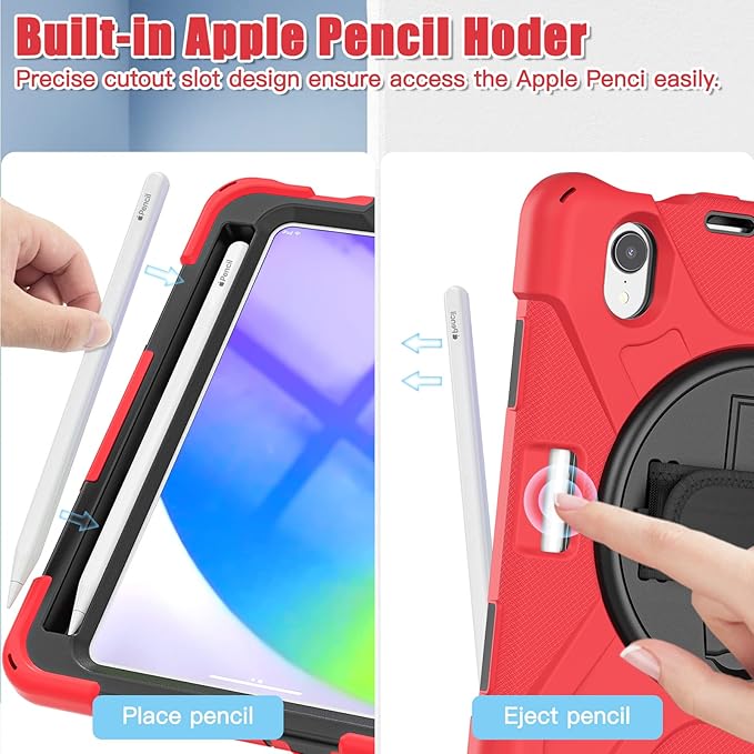 ZenRich Shockproof Case for iPad mini 7 (A17 Pro) 2024/ iPad mini 6th 2022 Heavy Duty Rugged Case with Pencil Holder/360°Rotating Kickstand/Handle/Carrying Shoulder BeltRed