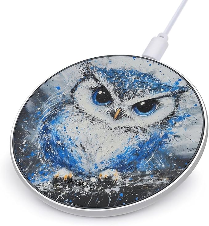 Blue Ink Art Owl Phone Charger Magnetic Charging Pad Anti-Slip with USB Cable