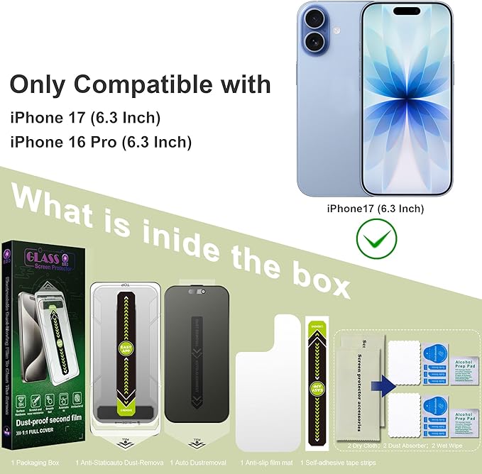 2-Pack Matte Privacy Anti-Spy Screen Protector for iPhone 17/16 Pro (6.3-Inch)Anti-Glare9H Tempered GlassFull CoverageAnti-FingerprintAuto Dust RemovalBubble-Free