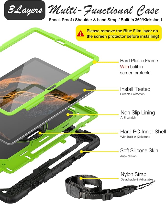 Case for Samsung Galaxy Tab S8 Plus 2022/S7 FE/S7 Plus 5G 12.4-inch Tablet Case Protective [with Screen Protector] Rotatable Kickstand S Pen Holder Hand/Shoulder Strap (Green)
