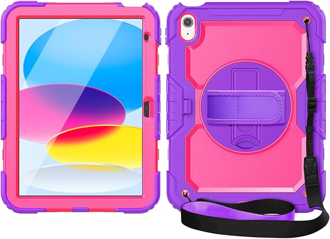 Kids Case for iPad (A16) 11th/10th Generation 11''/10.9'' 2025/2022: Shockproof Protective Case with Hand/Shoulder Strap Pencil Holder Rotate Stand Screen Protector