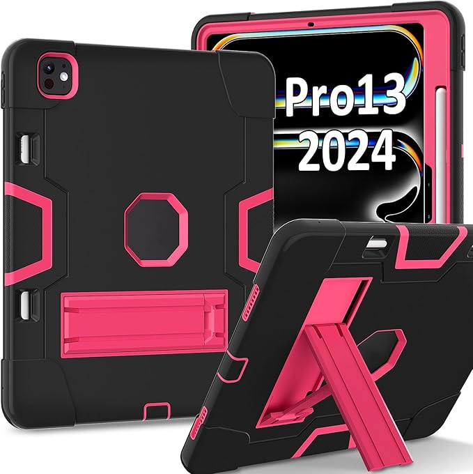 Tablet Case for iPad Pro 13 Inch M4 2024 (Model 7th Generation) Stand Heavy Duty Hard PC Soft Silicone Hybrid Protectice Case for iPad Pro 13” A2925 A2926 A3007 Black/Rose Red