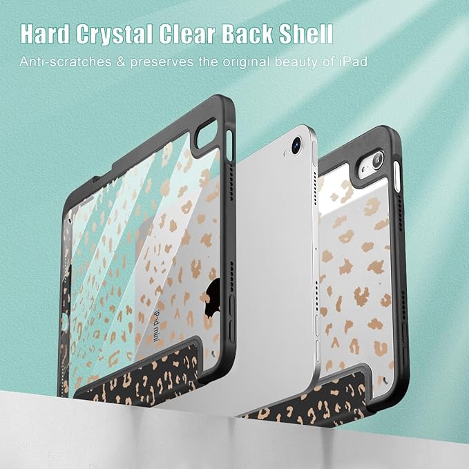 May Chen Slim Case for iPad mini 7 (A17 Pro 7th Generation) 2024 / iPad mini 6 (6th Gen) 8.3 Inch [Built-in Pencil Holder] Shockproof Cover Clear Clear Back Shell Auto Wake/Sleep Leopard Print