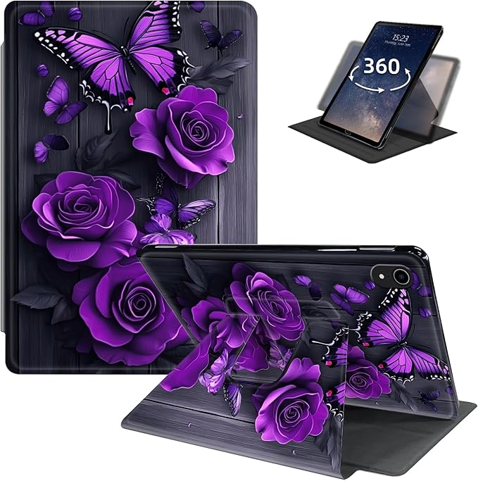 Case for iPad (A16) 11th Generation 11 Inch (2025)iPad 10th Generation 10.9 Inch (2022)360 Degree Rotating Multi-Angle Viewing Case with Auto Sleep/Wake-Purple Rose Butterfly