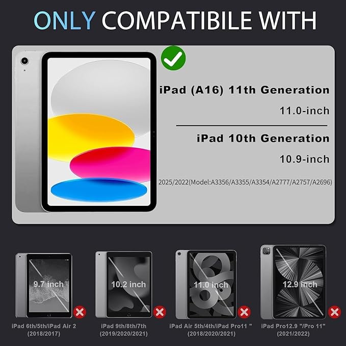 Case for iPad (A16)11th /10th Generation 11/10.9 Inch 2025/2022 with Screen Protector Rotating Stand Shoulder Strap Pencil HolderMilitary Grade Shockproof iPad Case 10th GenerationBlack Blue